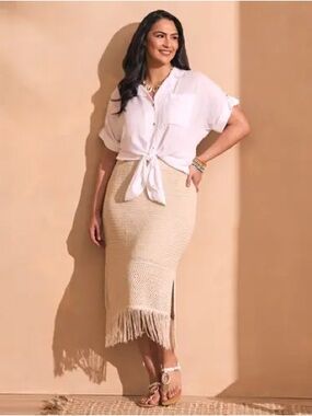 Fringe-Trim Knit Midi Skirt in Cream
